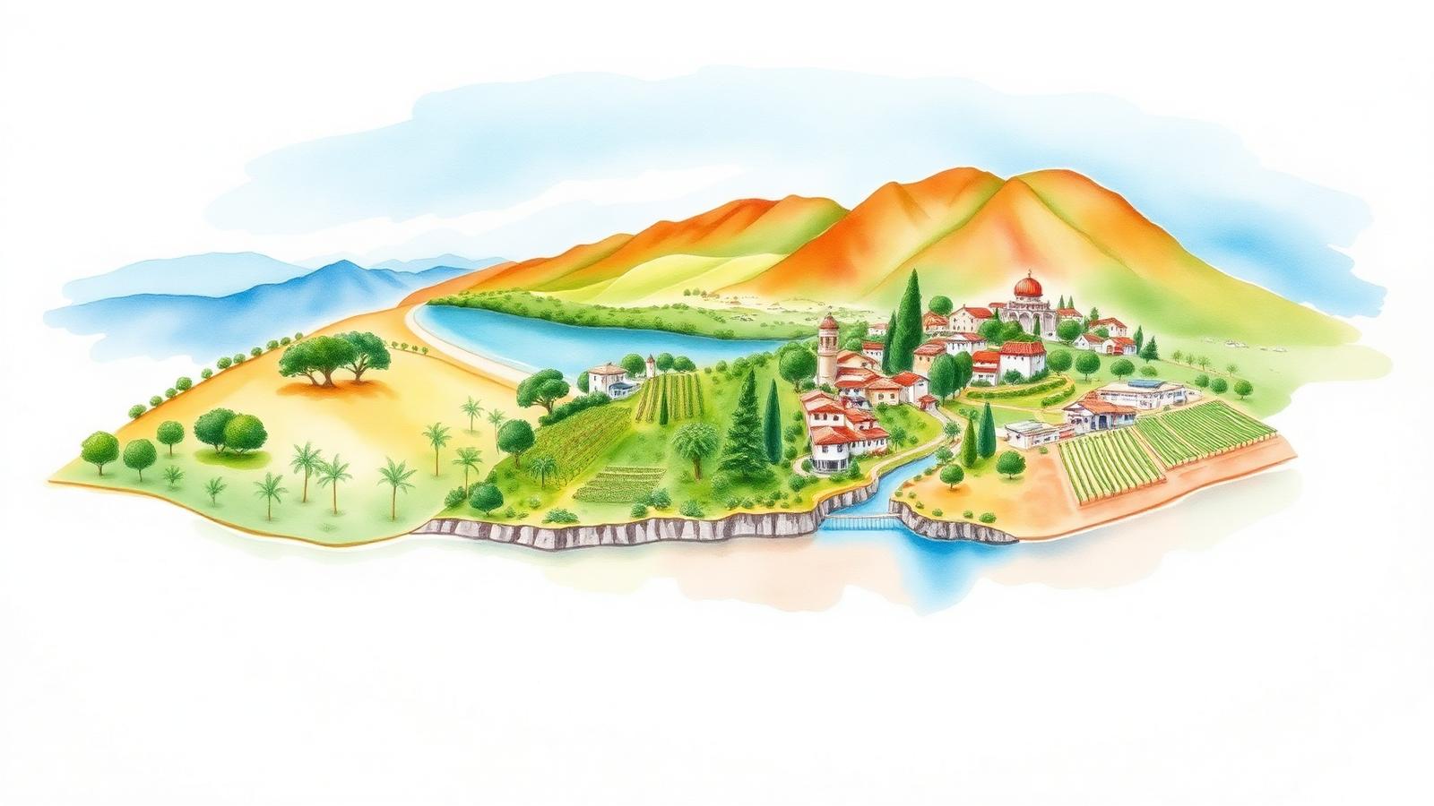 Watercolor panorama of the five Blue Zones